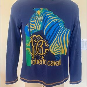 Roberto Cavalli Big Boys Kids Blue Yellow Long Sleeve Top Shirt Blouse Tee Sz M